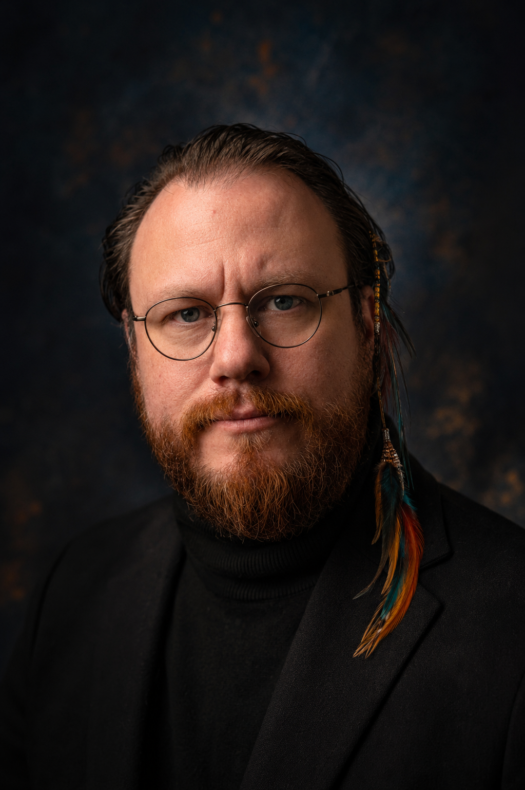 Author Alejandro Werner wearing circular glasses and a colorful feather
